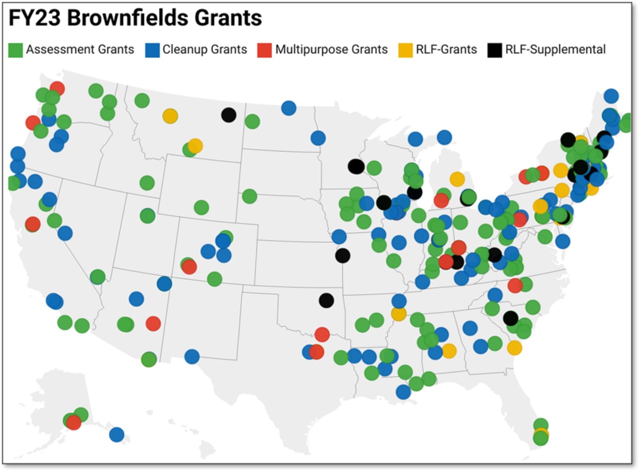 EPA brownfields grant recipients on the U.S. map